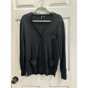 Black Sparkle Pocket Button V Neck Cardigan Soft XL Relativity
